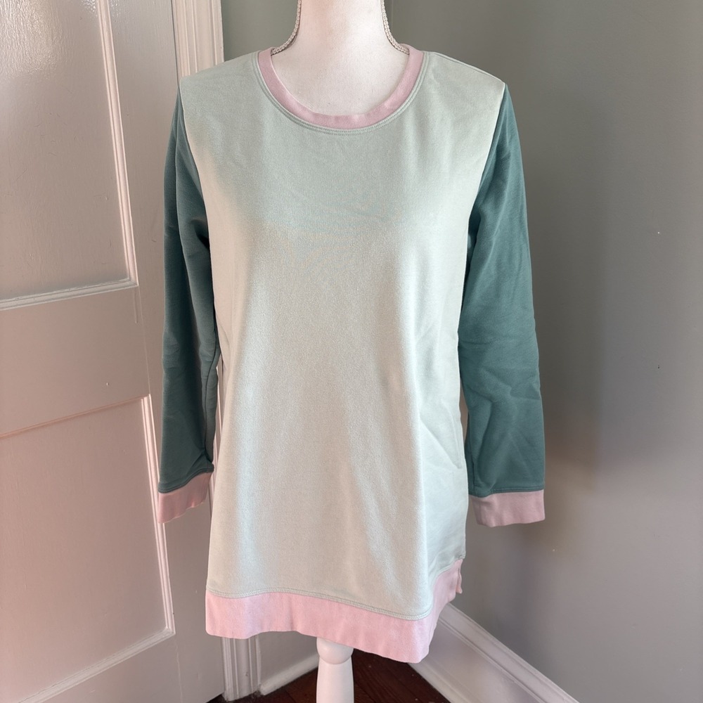 Lands' End Women's Green Colorblock Long Sleeve Sweatshirt Medium Pastel Long